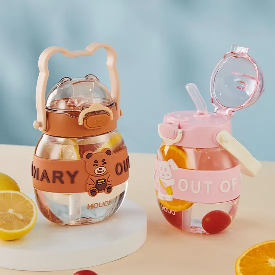 Kawaii Boys Girls 450ml Leakproof Drinking Reusable School Kids Plastic Water Bottle with Straw