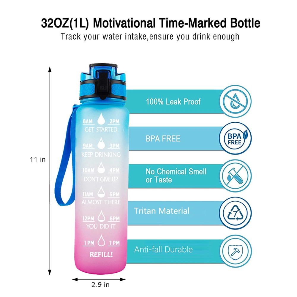Customized 32oz Leakproof Tritan BPA Free Sports Motivational Water Bottle with Time Marker Straw