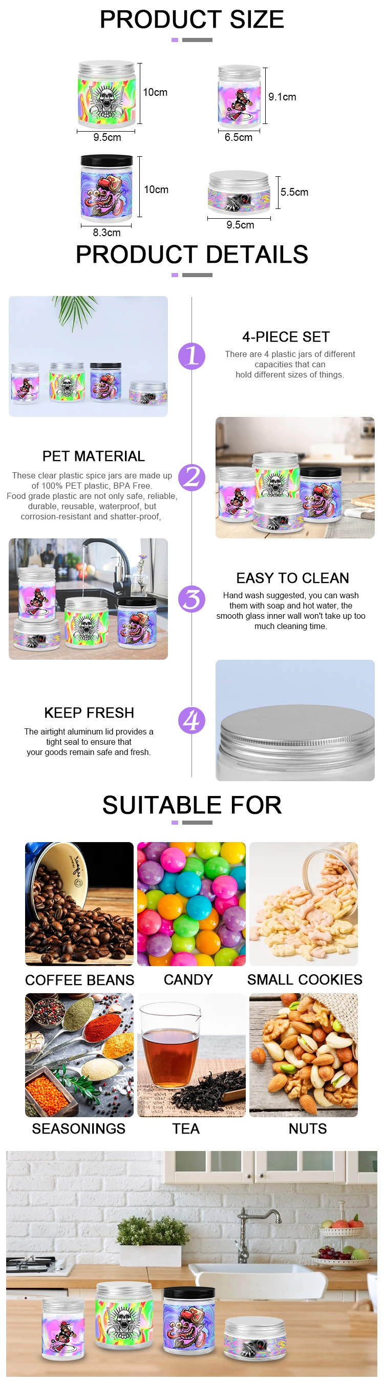 Wholesale 210ml 240ml 450ml 600ml Food Grade Plastic Jar Clear Pet Plastic Food Jar with Plastic Lids Candy Gummy Jar