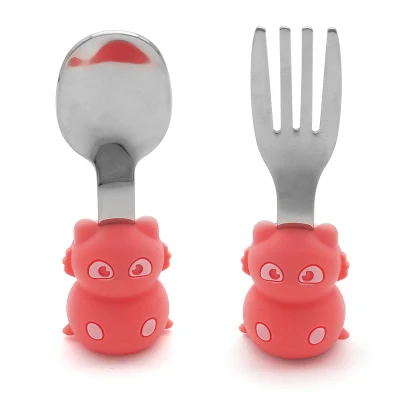 Cute Cartoon Silicone Handle Toddler Learning Feeding Tableware Stainless Steel Spoon and Fork