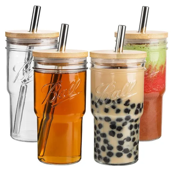 16oz Mason Cup 650ml Bamboo Wood Lid Coffee Milk Tea Cold Drink Glass Bottle 