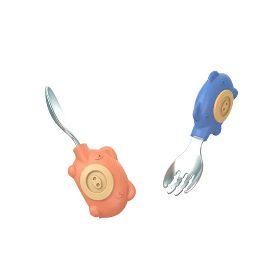 New Style Silicone Animal Stainless Steel Baby Spoon and Fork 