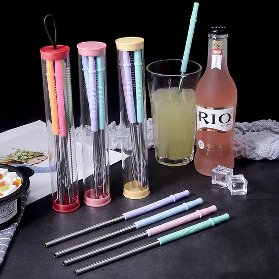 Drinking Tools Stainless Steel Straws with Silicone Tip Straw Set 